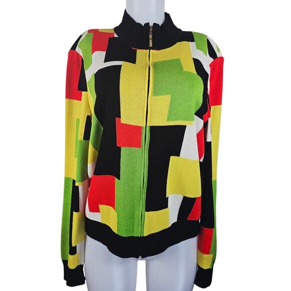 ST. JOHN Color Block Retro Knit Y2K Full Zip Business Casual Jacket Women's L - Picture 1 of 4